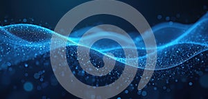 Blue particles wave background with abstract dynamic mesh. Big data tech visualisation art. Wavy isolated artificial light effect