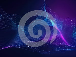 Blue particles wave background. Abstract dynamic mesh. Big data technology. Generative AI