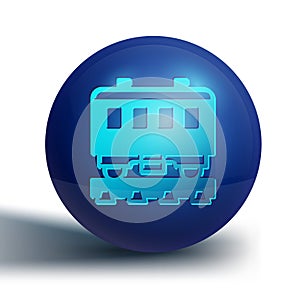 Blue Passenger train cars icon isolated on white background. Railway carriage. Blue circle button. Vector