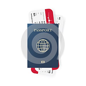 Blue passport and boarding pass tickets. Realistic design. Vector illustration.