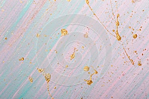 Blue pastel marble pattern background. Golden accents and pink paint strokes