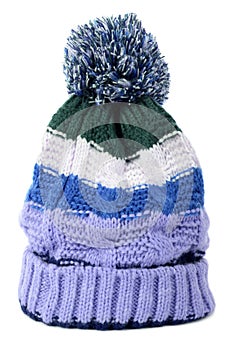 Blue pattern winter ski bobble hat isolated white background