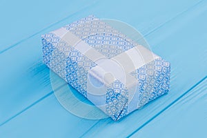 Blue patterned present gift box.