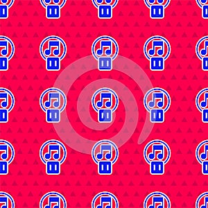 Blue Pause button icon isolated seamless pattern on red background. Vector