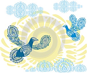 Blue peace doves on the background of yellow sun with clouds. Birds of Paradise flying towards the sky. Patterned birds