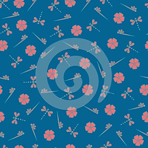 Blue and peach flower and dragonfly, seamless pattern