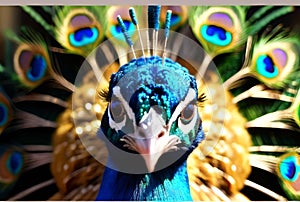 a blue peacock with feathers spread out to show off it's colors
