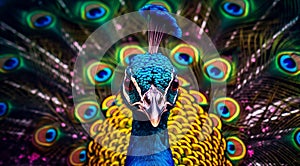 A blue peacock with its magnificent tail feathers fanned out, perched atop its head