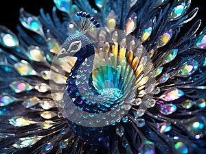 blue peacock with rainbow tail feathers spread out on black background