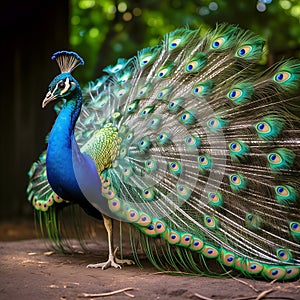 Blue peacock with tail raised