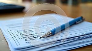 Blue pen sits on top of a stack of papers