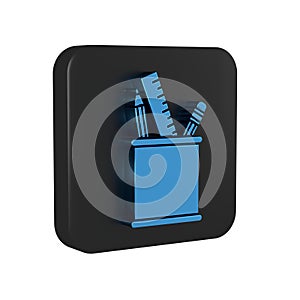 Blue Pencil case stationery icon isolated on transparent background. Pencil, pen, ruler in a glass for office. Black