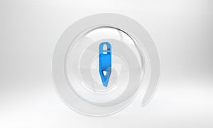 Blue Pencil icon isolated on grey background. Drawing and educational tools. School office symbol. Glass circle button