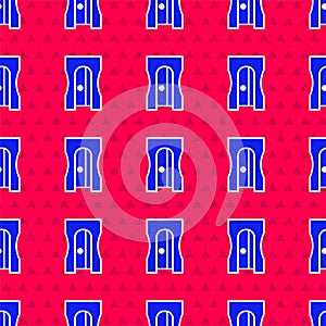 Blue Pencil sharpener icon isolated seamless pattern on red background. Vector Illustration