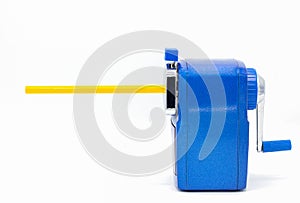 Blue pencil sharpener isolated on white background