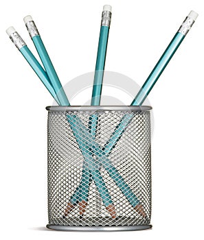 Blue pencils in a silver pencil pot