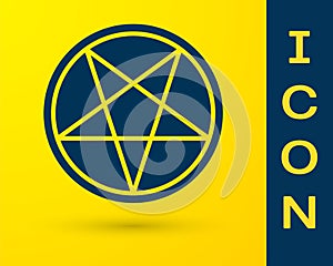 Blue Pentagram in a circle icon isolated on yellow background. Magic occult star symbol. Vector Illustration