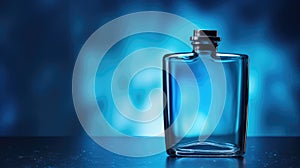 Blue perfume bottle on a blue background. Mockup men perfume bottle