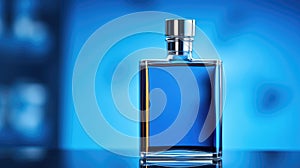 Blue perfume bottle on a blue background. Mockup men perfume bottle