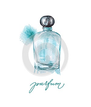 Blue perfume bottle. Hand painting watercolor illustration of glass blue perfume bottle. Vector
