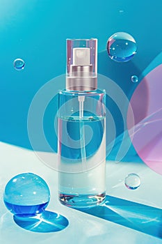 A blue perfume bottle on a light blue background