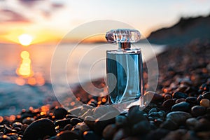 A blue perfume bottle on a pebble beach, against the sunset. Fashionable luxury perfume. Presentation of summer toilet