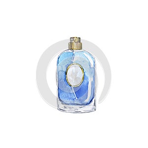 Blue perfume glass bottle. Watercolor.