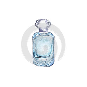 Blue perfume with glass cap bottle. Watercolor.