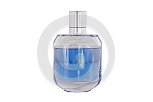 Blue perfume in glass with white backgorund