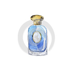 Blue perfume with golden cap bottle. Watercolor.