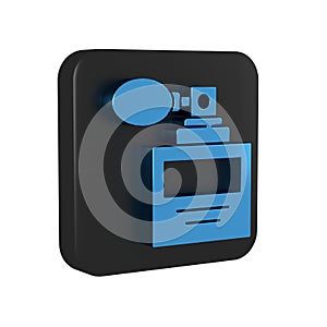 Blue Perfume icon isolated on transparent background. 8 March. International Happy Women Day. Black square button.