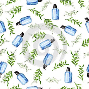 Blue perfume or lotion bottle, green leaves and white flowers seamless pattern. Watercolor.