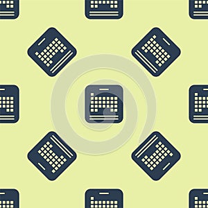 Blue Periodic table of the elements icon isolated seamless pattern on yellow background. Vector