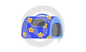 Blue pet carrier with yellow flowers and a modern design. Pet travel accessory vector illustration