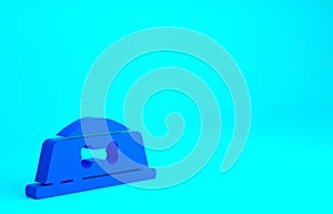 Blue Pet food bowl for cat or dog icon isolated on blue background. Dog bone sign. Minimalism concept. 3d illustration