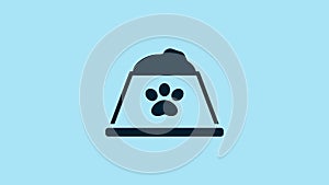 Blue Pet food bowl for cat or dog icon isolated on blue background. Dog or cat paw print. 4K Video motion graphic