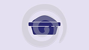 Blue Pet food bowl for cat or dog icon isolated on purple background. Dog or cat paw print. 4K Video motion graphic