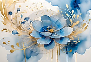 Blue petals, blossom flower with gold