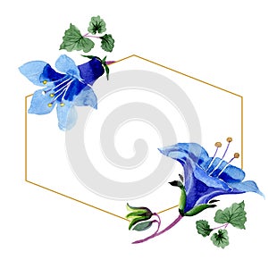 Blue phacelia flower. Watercolor background. Frame golden crystal. Geometric crystal stone polyhedron.