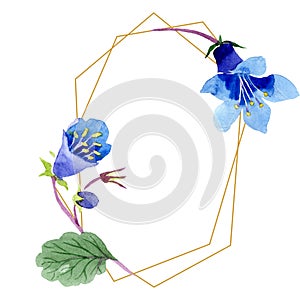 Blue phacelia flower. Watercolor background. Frame golden crystal. Geometric crystal stone polyhedron.