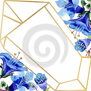 Blue phacelia flower. Watercolor background. Frame golden crystal. Geometric crystal stone polyhedron.