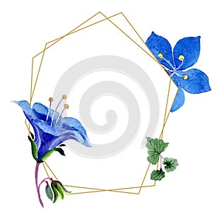 Blue phacelia flower. Watercolor background. Frame golden crystal. Geometric crystal stone polyhedron.