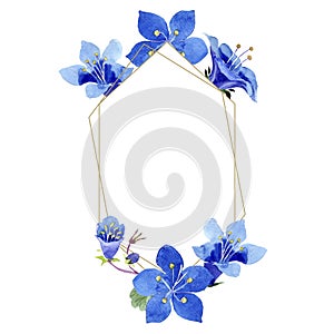 Blue phacelia flower. Watercolor background. Frame golden crystal. Geometric crystal stone polyhedron.