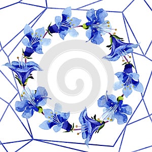 Blue phacelia flower. Watercolor background illustration set. Frame floral wreath. Geometric crystal stone polyhedron.