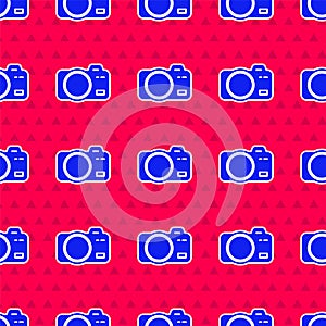 Blue Photo camera icon isolated seamless pattern on red background. Foto camera. Digital photography. Vector