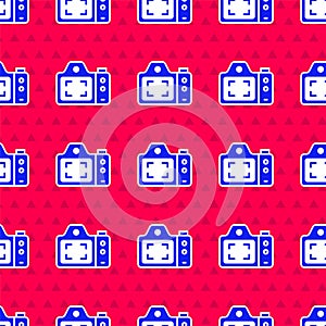 Blue Photo camera icon isolated seamless pattern on red background. Foto camera. Digital photography. Vector