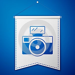 Blue Photo camera with lighting flash icon isolated on blue background. Foto camera. Digital photography. White pennant