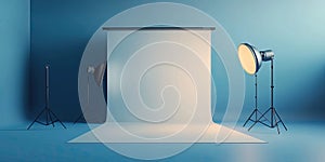 Blue Photo Studio Setup: Backdrop and Lighting Equipment, Empty Space for Photography, a Professional and Well-Lit Studio