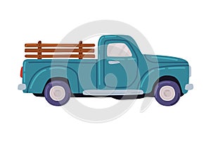 Blue Pickup, Agricultural Transport Cartoon Style Vector Illustration