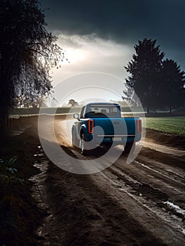 a blue pickup truck driving down a dirt road picture on cinematic back lit lighting. AI, generated, generativ, AI generated, AI photo